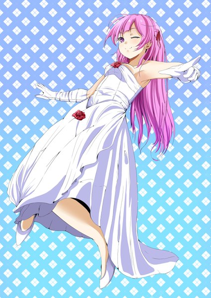 Anime picture 1500x2121 with ore no kanojo to osananajimi ga shuraba sugiru a-1 pictures fuyuumi ai single long hair tall image purple eyes pink hair one eye closed wink girl dress gloves elbow gloves wedding dress