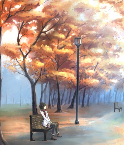 Anime picture 1200x1409 with original kikivi single tall image short hair black hair sitting brown eyes landscape autumn girl plant (plants) tree (trees) boots scarf leaf (leaves) coat autumn leaves bench