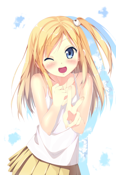 Anime picture 2600x3896 with 5 nenme no houkago (artbook) original kantoku tempestdh single long hair tall image blush highres open mouth blue eyes blonde hair smile pleated skirt one eye closed wink one side up coloring victory girl