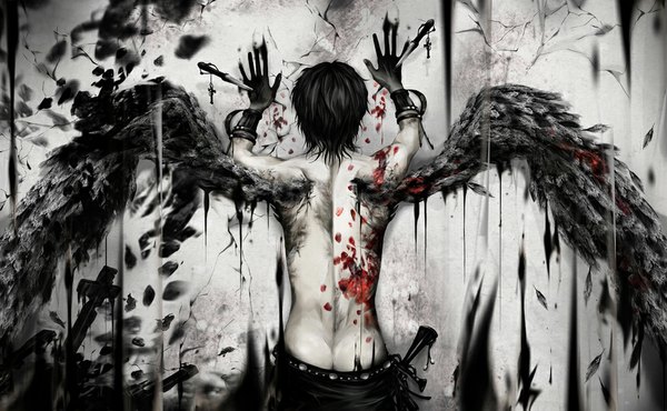 Anime picture 1000x618 with original paw (brtabby) single short hair light erotic black hair wide image from behind black wings angel injury shirtless boy weapon wings cross dagger