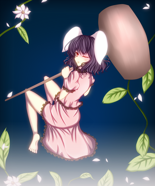 Anime picture 1066x1280 with touhou inaba tewi mako1984 single tall image short hair black hair red eyes one eye closed barefoot wink bunny ears soles girl flower (flowers) tongue mallet