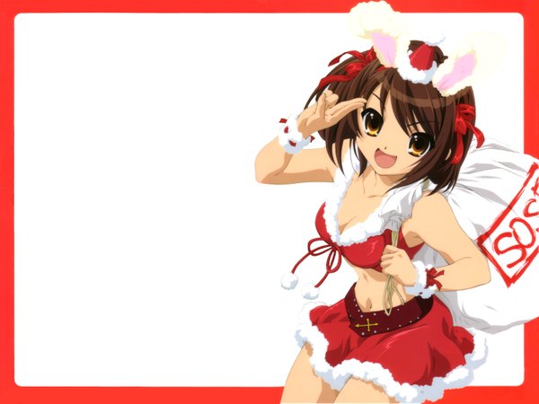 Anime picture 1600x1200 with suzumiya haruhi no yuutsu kyoto animation suzumiya haruhi white background christmas bunny girl girl santa claus hat santa claus costume