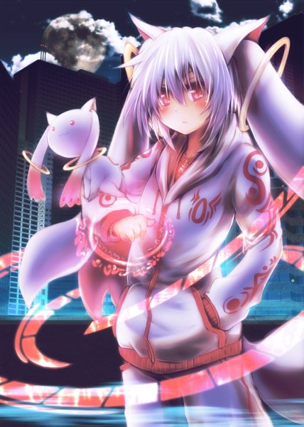 Anime picture 1000x1400 with mahou shoujo madoka magica shaft (studio) kyuubee tom (drpow) single tall image looking at viewer blush short hair red eyes standing animal ears white hair night glow hands in pockets personification girl hood building (buildings)