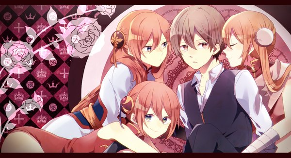 Anime picture 1200x650 with gintama sunrise (studio) kagura (gintama) okita sougo kutsupa long hair looking at viewer short hair blue eyes brown hair wide image twintails multiple girls brown eyes eyes closed orange hair chinese clothes girl boy flower (flowers)