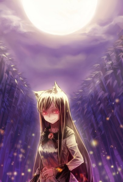 Anime picture 1181x1748 with touhou imaizumi kagerou mister rhino (wangzisama1001) single long hair tall image looking at viewer red eyes brown hair standing animal ears cloud (clouds) light smile night night sky wolf ears bamboo forest dress tree (trees) white dress