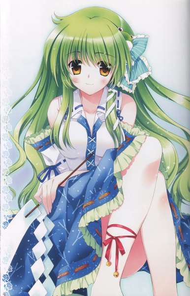 Anime picture 1958x3040 with touhou kochiya sanae rei (rei's room) single long hair tall image looking at viewer blush highres smile sitting bare shoulders yellow eyes barefoot green hair scan girl hair ornament ribbon (ribbons) detached sleeves
