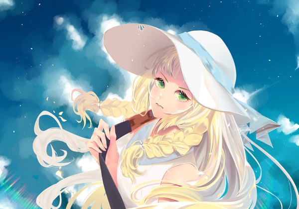 Anime picture 6666x4669 with pokemon pokemon sm nintendo lillie (pokemon) yukie94 single long hair looking at viewer blush highres blonde hair green eyes signed absurdres cloud (clouds) upper body outdoors braid (braids) from above wind