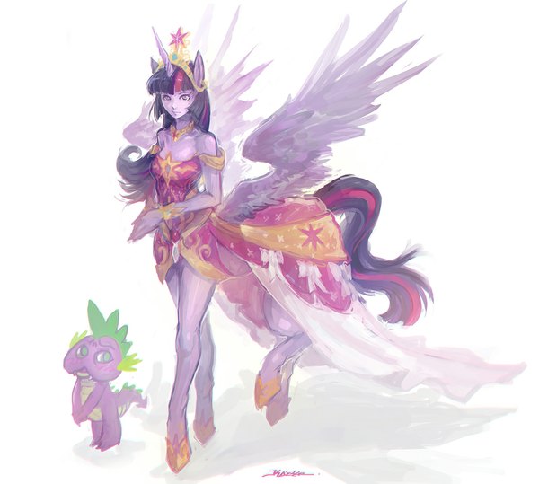 Anime picture 1112x1000 with my little pony twilight sparkle spike (mlp) kazeco (pixiv) long hair white background purple eyes multicolored hair horn (horns) dress wings necklace tiara dragon centaur