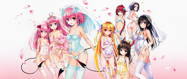 Anime picture 7467x3168 with toloveru toloveru darkness xebec konjiki no yami momo velia deviluke lala satalin deviluke yuuki mikan kotegawa yui sairenji haruna nana asta deviluke kurosaki mea yabuki kentarou long hair looking at viewer blush highres short hair breasts open mouth blue eyes