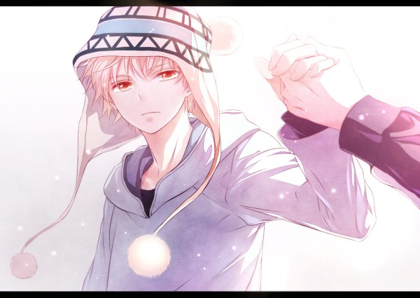 Anime picture 1200x850 with noragami studio bones yukine (noragami) winglayer fringe short hair blonde hair holding orange eyes holding hands snowing letterboxed solo focus snow boy hat hood cap pom pom (clothes) hand