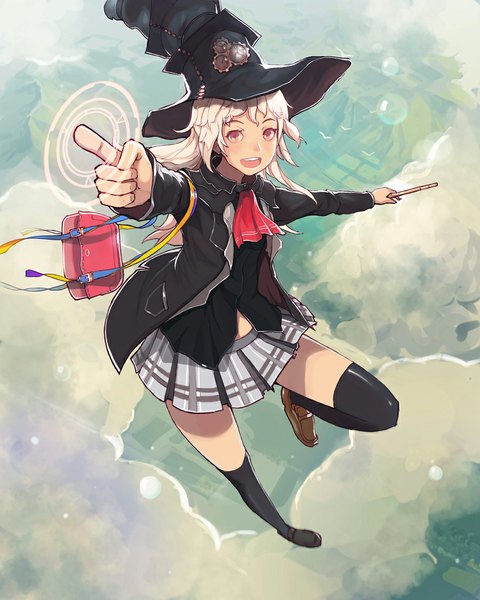 Anime picture 900x1125 with original alchemaniac single long hair tall image looking at viewer open mouth red eyes cloud (clouds) white hair pleated skirt from above magic witch girl thighhighs skirt black thighhighs animal bird (birds)