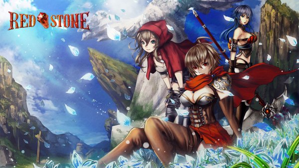 Anime picture 1920x1080 with red stone original teddy (khanshin) long hair looking at viewer highres short hair breasts smile red eyes brown hair wide image standing sitting multiple girls green eyes blue hair sky leaning leaning forward