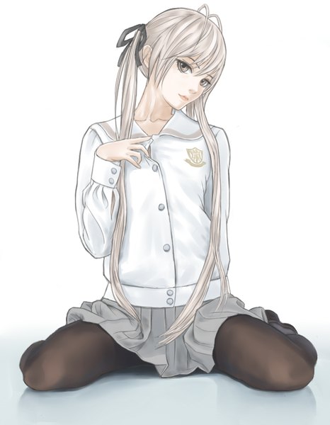 Anime picture 700x900 with yosuga no sora kasugano sora chauncey single long hair tall image looking at viewer fringe simple background white background sitting twintails brown eyes white hair pleated skirt light smile wariza girl skirt uniform