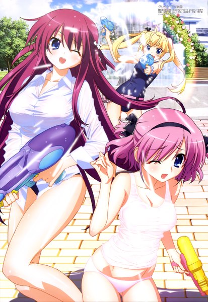 Anime picture 4084x5924 with grisaia no kajitsu megami magazine suou amane matsushima michiru komine sachi katsura kenichirou long hair tall image blush highres short hair open mouth blue eyes light erotic blonde hair multiple girls pink hair absurdres red hair one eye closed