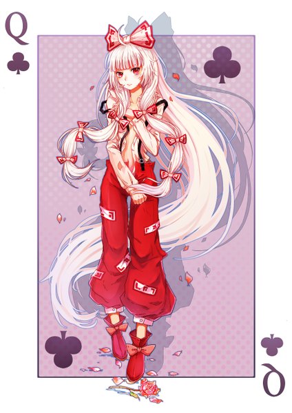Anime picture 1890x2672 with touhou fujiwara no mokou tanotomoe single tall image looking at viewer highres red eyes white hair very long hair open clothes open shirt girl flower (flowers) bow hair bow shirt petals shoes rose (roses)