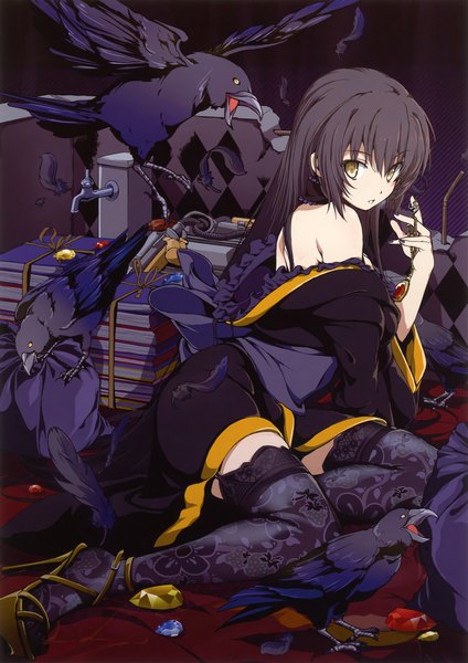 Anime picture 3247x4597 with original eshi 100-nin ten azuma syoujuan single long hair tall image highres black hair yellow eyes absurdres traditional clothes japanese clothes scan girl thighhighs black thighhighs animal kimono bird (birds) book (books)