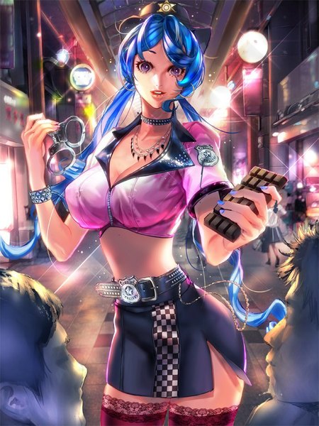 Anime picture 700x933 with furyou michi ~gang road~ imp long hair tall image looking at viewer breasts large breasts standing purple eyes twintails blue hair nail polish light smile city cityscape city lights street girl thighhighs skirt