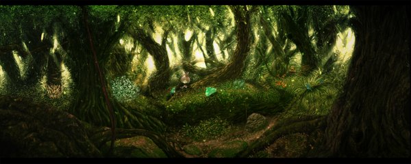 Anime picture 2500x1000 with original te okure (artist) single highres blue eyes blonde hair wide image sunlight ghost nature girl plant (plants) animal tree (trees) bird (birds) hood grass forest roots