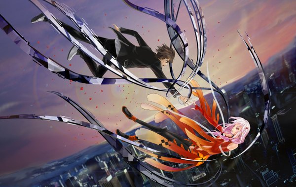 Anime picture 3545x2242 with guilty crown production i.g yuzuriha inori ouma shu cookie ex (artist) long hair highres black hair red eyes pink hair absurdres couple city falling girl boy uniform school uniform bodysuit