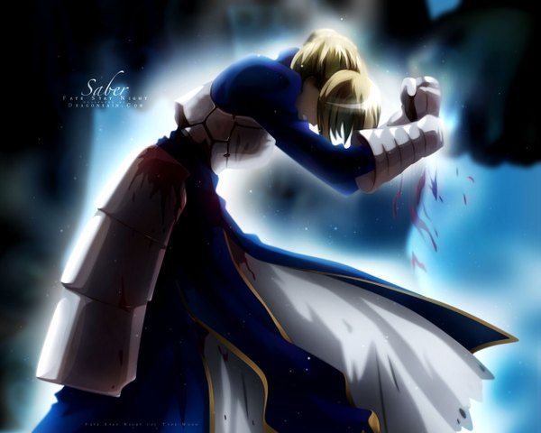 Anime picture 1280x1024 with fate (series) fate/stay night studio deen type-moon artoria pendragon (all) saber short hair blonde hair inscription light girl dress armor blood