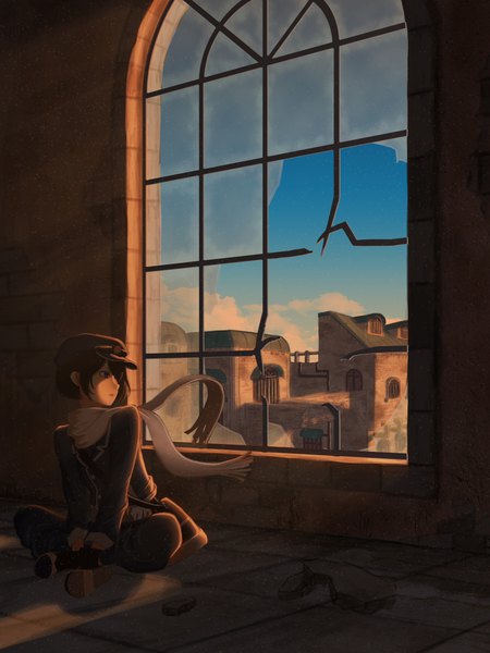 Anime picture 1500x2000 with original natsu (hottopeppa3390) single tall image short hair black hair purple eyes looking away sky cloud (clouds) parted lips looking back broken girl uniform window scarf building (buildings) bag military uniform