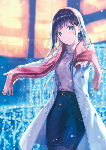 Anime picture 800x1131 with original hiten (hitenkei) single long hair tall image looking at viewer blush fringe blue eyes black hair smile standing holding outdoors blunt bangs long sleeves blurry open clothes depth of field outstretched arm