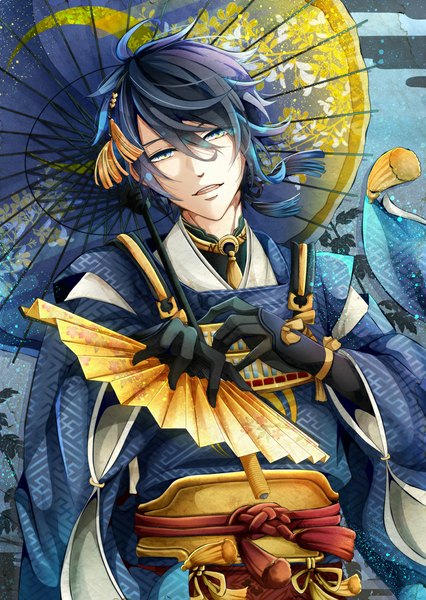 Anime picture 781x1100 with touken ranbu nitroplus mikazuki munechika kaya (hydego) single tall image looking at viewer fringe short hair holding blue hair traditional clothes parted lips head tilt japanese clothes wind lips wide sleeves multicolored eyes egasumi