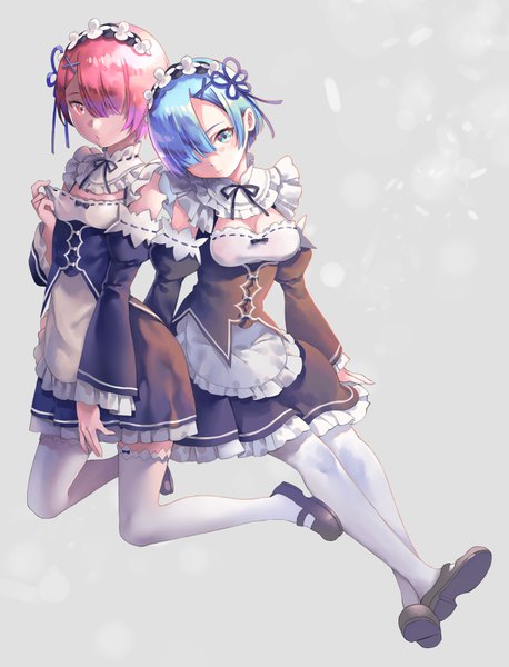 Anime picture 700x917 with re:zero kara hajimeru isekai seikatsu white fox rem (re:zero) ram (re:zero) shiosoda tall image fringe short hair blue eyes sitting multiple girls blue hair pink hair full body pink eyes hair over one eye grey background maid kneeling siblings