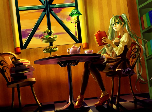 Anime picture 1380x1024 with vocaloid hatsune miku long hair sitting twintails aqua eyes aqua hair girl thighhighs dress black thighhighs food window sweets book (books) cup teapot