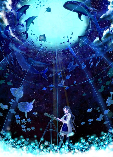 Anime picture 1197x1653 with original kyon (artist) long hair tall image black hair sky cloud (clouds) night girl flower (flowers) star (stars) fish (fishes) whale telescope