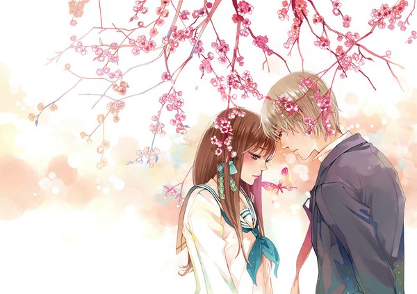 Anime picture 1000x706 with original daisy (artist) long hair blush short hair simple background blonde hair brown hair brown eyes profile light smile couple cherry blossoms face to face girl boy uniform flower (flowers) ribbon (ribbons) plant (plants)