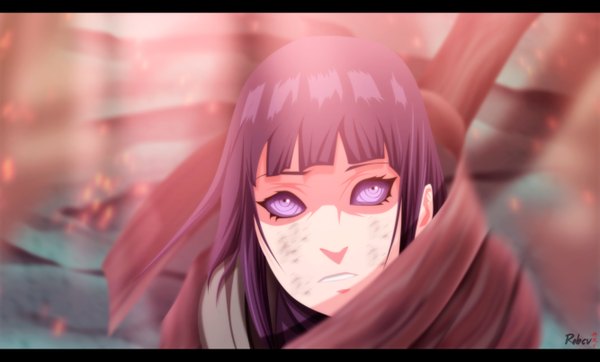 Anime picture 2667x1611 with naruto studio pierrot naruto (series) hyuuga hinata robcv single long hair highres black hair wide image purple eyes coloring light close-up rinnegan girl vest