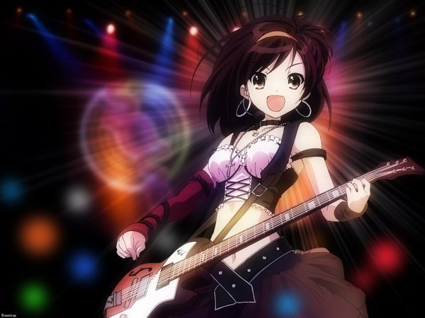 Anime picture 1600x1200 with suzumiya haruhi no yuutsu kyoto animation suzumiya haruhi wallpaper watermark girl guitar