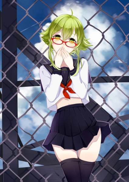Anime picture 1800x2541 with vocaloid gumi maorzshu single tall image looking at viewer highres short hair green eyes sky cloud (clouds) green hair wind hand to mouth girl thighhighs uniform black thighhighs glasses serafuku