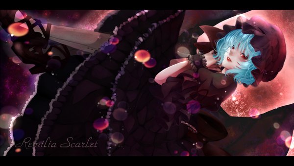 Anime picture 1000x566 with touhou remilia scarlet sgz single short hair red eyes wide image blue hair letterboxed girl dress wings frills bonnet