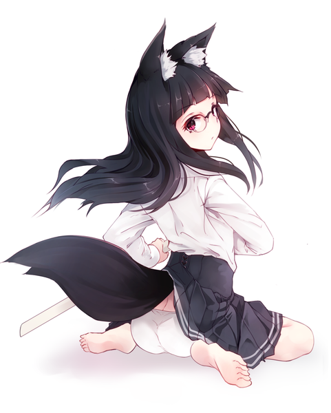 Anime picture 2645x3296 with original otokuyou single long hair tall image highres light erotic black hair red eyes white background sitting animal ears tail animal tail wariza girl dress underwear panties glasses