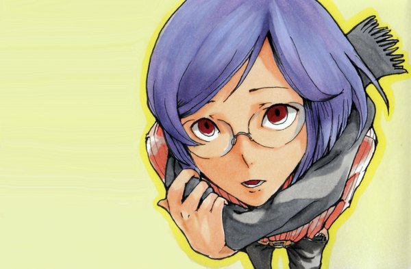 Anime picture 1735x1139 with mobile suit gundam mobile suit gundam 00 sunrise (studio) tieria erde peggy (artist) single highres open mouth simple background red eyes purple hair looking up hand in pocket yellow background traditional media watercolor (medium) boy glasses