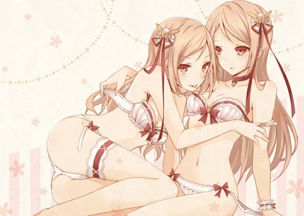 Anime picture 1000x713 with original oriko (nicolai) long hair light erotic red eyes brown hair multiple girls ass underwear only girl navel hair ornament underwear panties bow 2 girls lingerie bra white panties striped panties