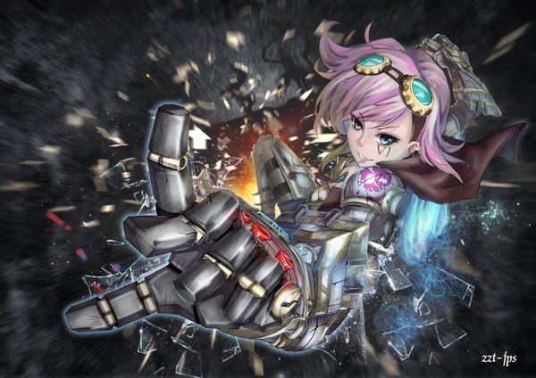 Anime picture 3507x2480 with league of legends vi (league of legends) fps (artist) single highres short hair blue eyes smile pink hair absurdres tattoo girl gloves weapon goggles huge weapon