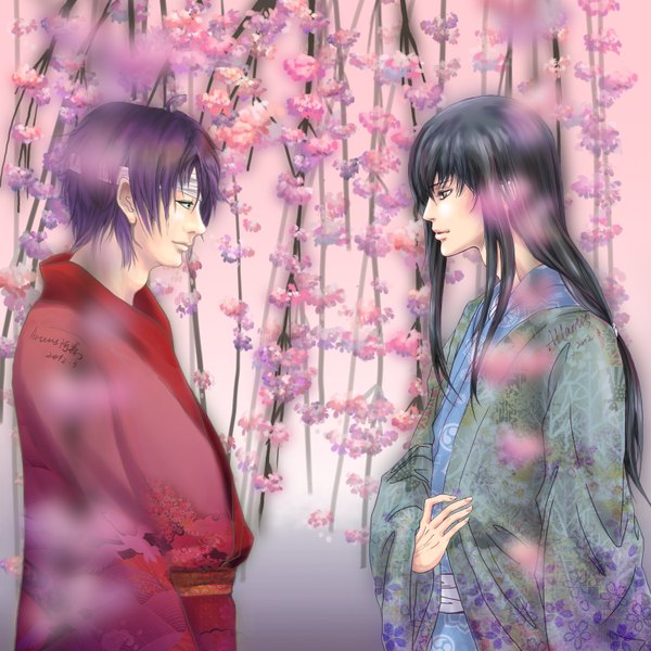 Anime picture 3000x3000 with gintama sunrise (studio) takasugi shinsuke katsura kotarou kumamori long hair highres short hair black hair green eyes purple hair traditional clothes japanese clothes profile cherry blossoms pink background bandage over one eye boy flower (flowers) kimono