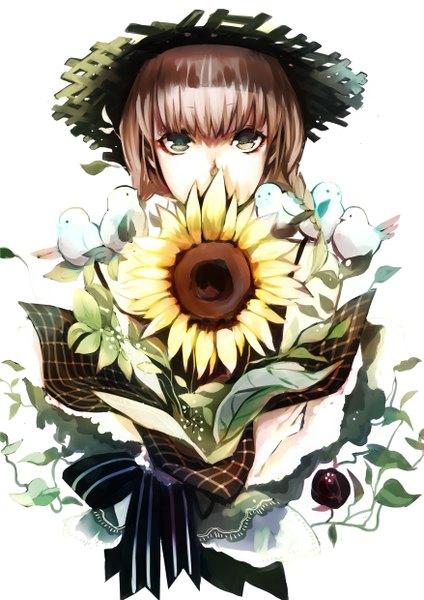 Anime picture 1754x2480 with original asasumiboochan single long hair tall image looking at viewer fringe highres simple background brown hair white background bare shoulders holding brown eyes braid (braids) twin braids girl ribbon (ribbons) plant (plants) hat
