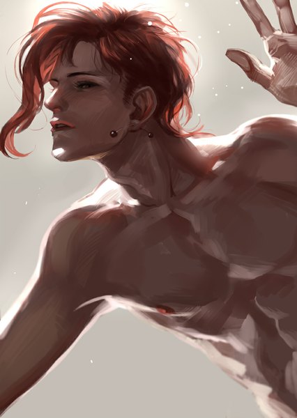 Anime picture 800x1127 with jojo no kimyou na bouken kakyoin noriaki emg (christain) single tall image short hair open mouth red eyes nipples red hair profile armpit (armpits) topless muscle boy earrings water drop