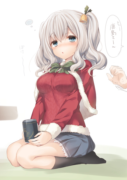Anime picture 868x1228 with kantai collection kashima training cruiser komeshiro kasu long hair tall image blush fringe breasts blue eyes simple background hair between eyes large breasts white background sitting twintails holding payot looking away silver hair bent knee (knees)