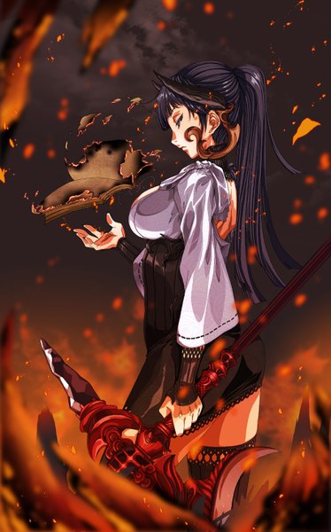 Anime picture 900x1442 with blade & soul rantia (artist) single long hair tall image blue eyes black hair ponytail horn (horns) girl thighhighs dress weapon black thighhighs book (books) fire