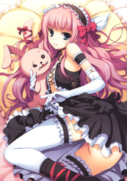 Anime picture 4136x5904 with tomose shunsaku single tall image highres blue eyes light erotic pink hair absurdres girl thighhighs dress gloves ribbon (ribbons) white thighhighs elbow gloves hairband black dress bunny