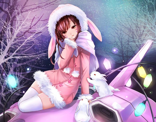 Anime picture 1102x866 with overwatch blizzard entertainment d.va (overwatch) meka (overwatch) miya (zawarudo) long hair looking at viewer fringe brown hair sitting animal ears yellow eyes outdoors head tilt night arm support bunny ears alternate costume zettai ryouiki night sky