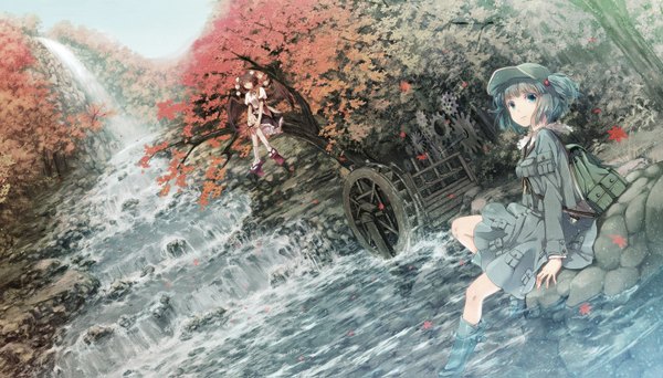 Anime picture 1440x823 with touhou shameimaru aya kawashiro nitori miyuki ruria short hair blue eyes brown hair wide image multiple girls brown eyes green hair landscape autumn nature soaking feet waterfall girl 2 girls plant (plants) wings