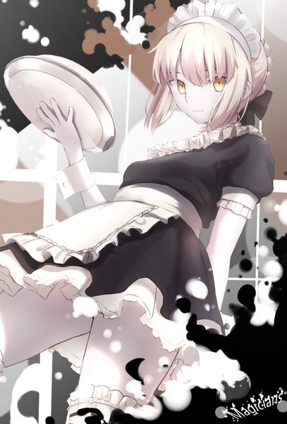 Anime picture 950x1400 with fate (series) fate/stay night type-moon artoria pendragon (all) saber saber alter magicians (zhkahogigzkh) single tall image looking at viewer short hair blonde hair yellow eyes maid girl thighhighs dress uniform white thighhighs headdress