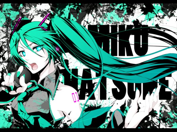 Anime picture 1024x768 with vocaloid hatsune miku single long hair looking at viewer open mouth twintails nail polish aqua eyes aqua hair tattoo girl detached sleeves necktie microphone