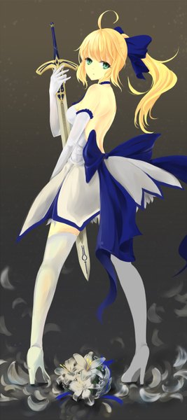 Anime picture 2704x6072 with fate (series) fate/unlimited codes type-moon artoria pendragon (all) saber lily dre single long hair tall image looking at viewer fringe highres breasts simple background blonde hair standing bare shoulders holding ponytail looking back